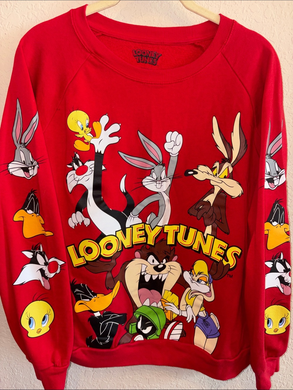 Warner Bros. Red Looney Tunes Sweatshirt with Multicolor Character Art